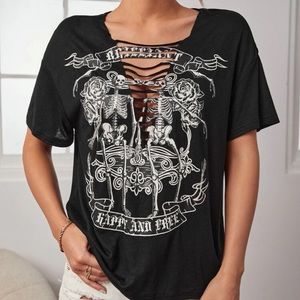 Skull Rack & Floral Print Ladder Cut Out Drop Shoulder Tee